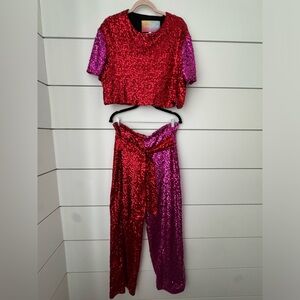 Fringe + Co Red Pink Valentine Sequin Crop Top Party Pants matching Set Nola